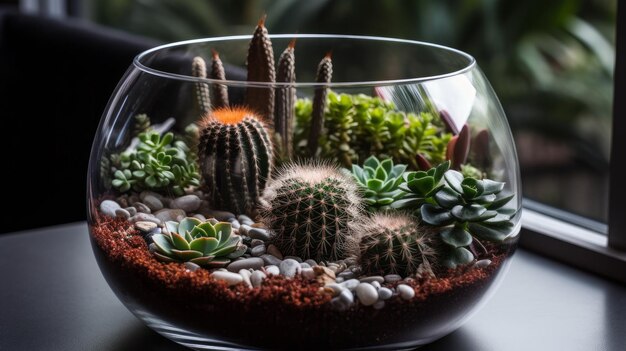 Zdjęcie mały ogród kaktusów w eleganckim szklanym pojemniku wygenerowanym przez ai