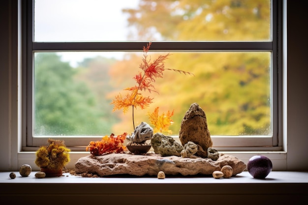Zdjęcie mały ogród zen na progu okna stworzony za pomocą generatywnego ai
