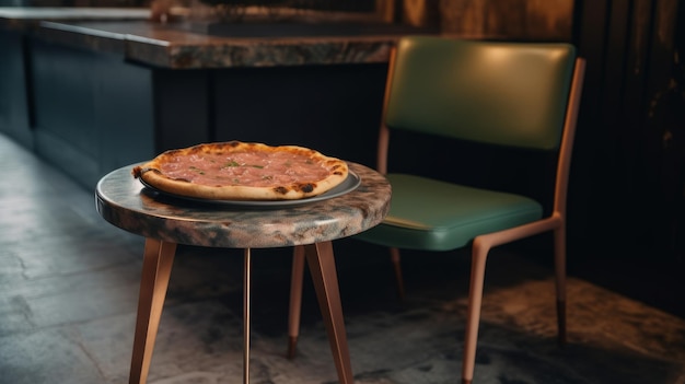 Zdjęcie mały okrągły stół z pizzą na górze i zielona krzesło