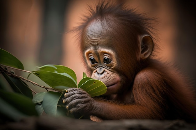 Mały orangutan przeżuwający liść