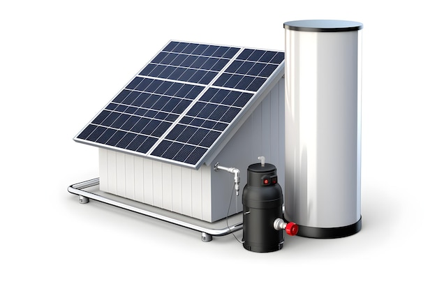 Mały panel słonecznego systemu podgrzewania wody i zbiornik butli zainstalowany na dachu domu