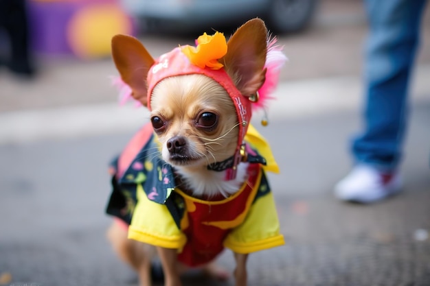 Mały pies chihuahua w ubraniach i ciepłej czapce spaceruje po ulicy Generative AI