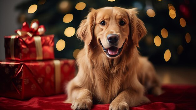 Mały pies siedzący przed stosem prezentów