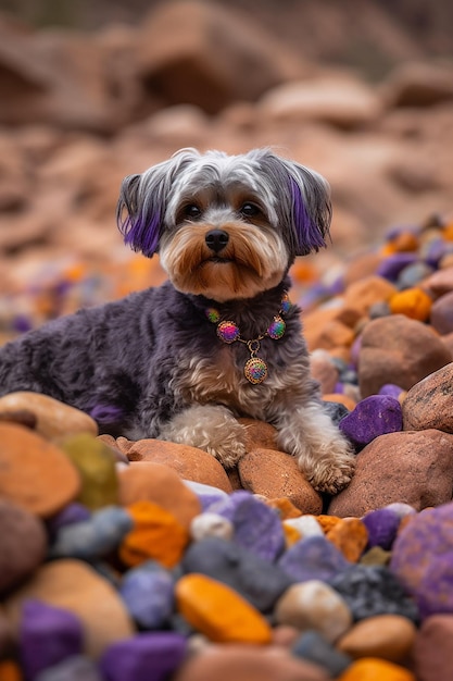 Mały pies siedzi na stosie kamieni