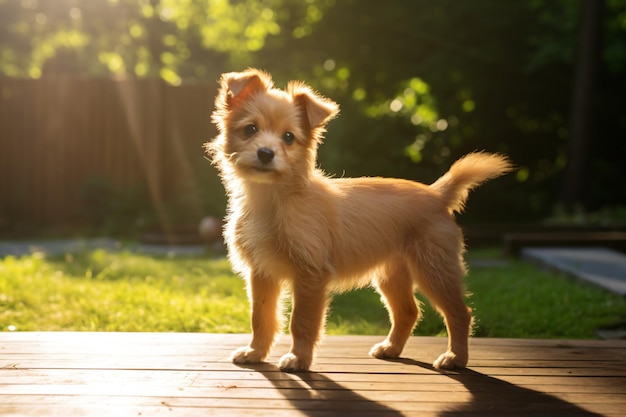 Mały pies stojący na drewnianym pokładzie.