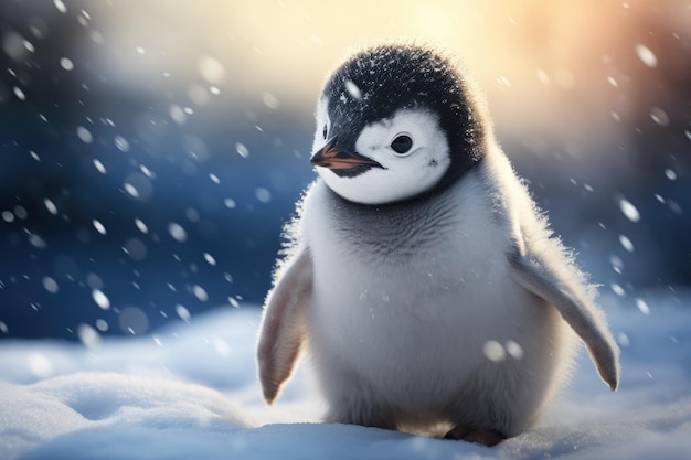 Mały pingwin stoi w śniegu.