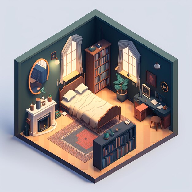 Mały pokój z łóżkiem, biurkiem, półką na książki i kominkiem.