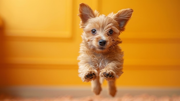 Mały pomarańczowy puszysty pies skaczący w powietrzu na odizolowanych zwierzętach tła zwierzę głodny bawiący się szczeniak chcąc szczeniaka jedzenia