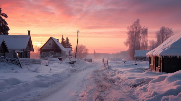 Mały przytulny domek w wiosce w oddali otoczony śnieżnym krajobrazem