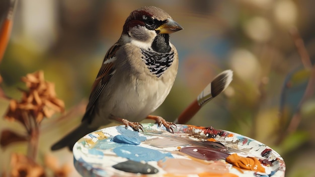 Mały ptak siedzący na pędzlu, który spoczywa na palecie pełnej kolorowych farb
