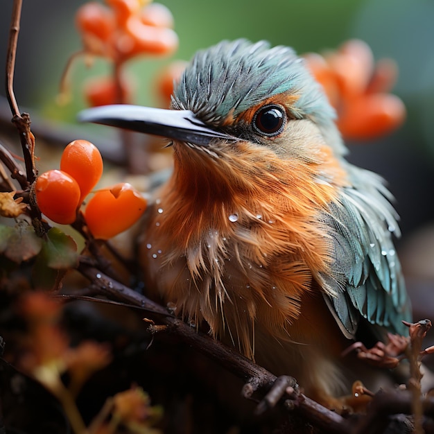 Zdjęcie mały ptak siedzi na gałęzi z jagodami.