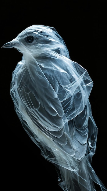 mały ptak wykonany z przezroczystej plastikowej torby na czarnym tle