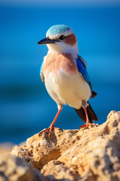 mały ptaszek z niebiesko-białą głową siedzący na skale