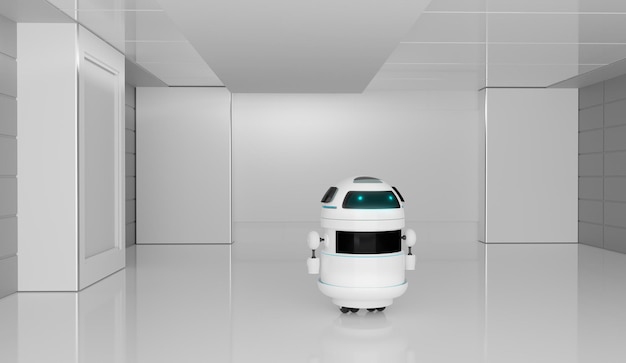 Zdjęcie mały robot cyborg stojący w białym pokoju renderowania 3d ilustracji