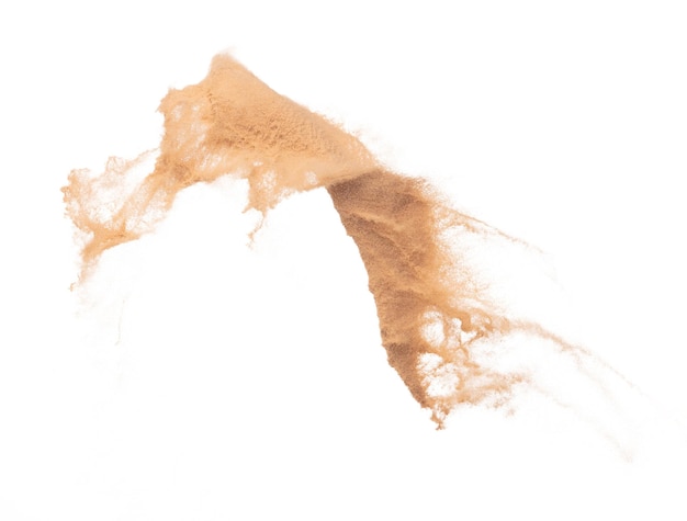 Mały rozmiar Piasek latający wybuch Złote ziarna fala eksploduje Abstrakcyjna chmura lata Żółty kolor piasku rozpryskuje powietrze Białe tło Izolowane szybkie zamknięcie rzuca zamrożenie zatrzymanie ruchu