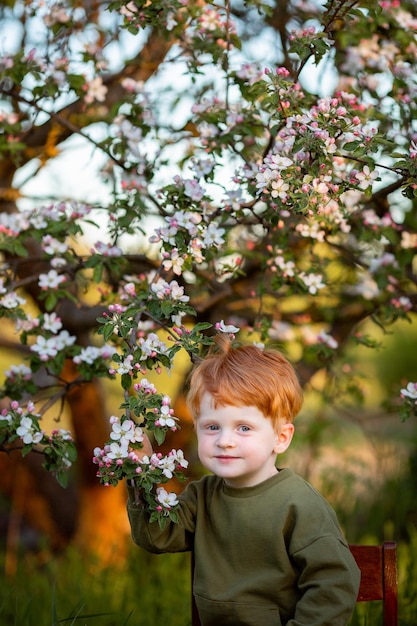 Mały rudowłosy chłopiec trzymający gałąź drzewa z kwiatem