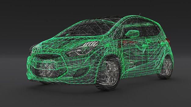 Mały Samochód Rodzinny, Konstrukcja Z Siatki. Renderowanie 3d.