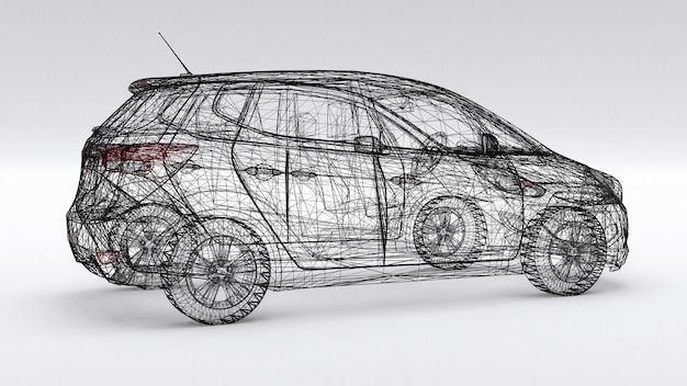 Zdjęcie mały samochód rodzinny, konstrukcja z siatki. renderowanie 3d.