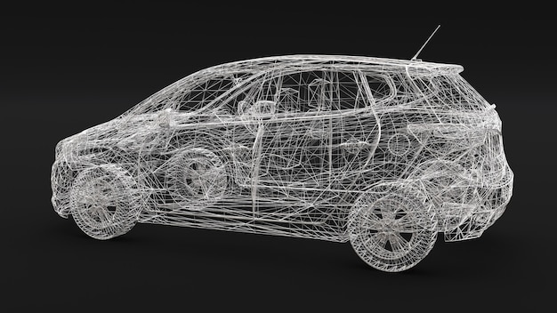 Mały samochód rodzinny, konstrukcja z siatki. Renderowanie 3D.