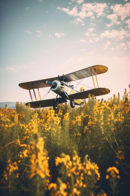 Mały samolot lecący nad polem żółtych kwiatów Obraz Generative AI