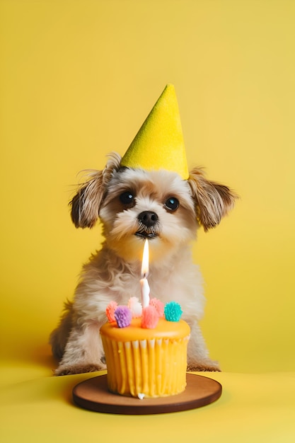 Mały śliczny pies w urodzinowym kapeluszu z tortem na żółtym tle Generative AI 1