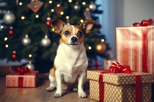 Mały słodki pies siedzi pod choinką noworoczną z prezentami