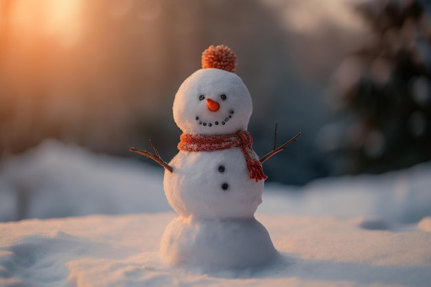 Mały słodki uśmiechnięty bałwan w szaliku kapelusza w słoneczny zimowy wieczór na zewnątrz Koncepcja sezonu Bożego Narodzenia i Szczęśliwego Nowego Roku Generacyjna sztuczna inteligencja