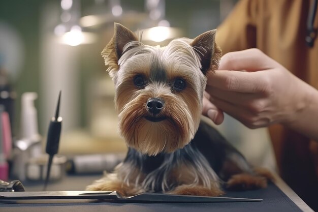 Mały słodki yorkshire terrier na strzyżeniu w salonie pielęgnacji