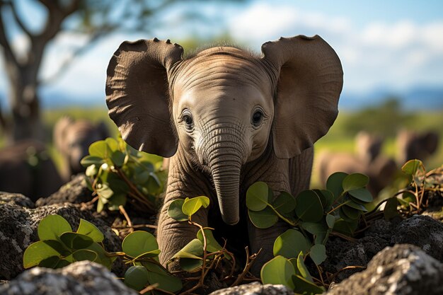 Zdjęcie mały słoń bada swoją trąbę w generatywnym ia sawanny