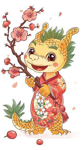 Zdjęcie mały smok trzyma gałąź w stylu kreskówki z kwiatem moreli