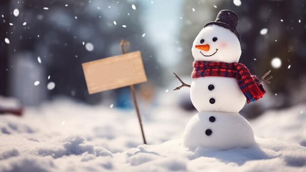 Mały śnieżak stojący w śniegu z niewyraźnym tłem Sprzedaż Banner stworzony za pomocą generatywnej AI T