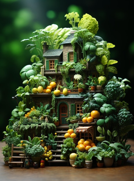 Zdjęcie mały świat w miniaturze z mieszkańcami i rolnictwem z wieloma kwiatami i drzewami