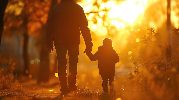 Mały syn ojciec trzyma się za ręce blisko w naturze na słońcu Dziecko ojciec chodzi w parku o zachodzie słońca koncepcja zaufania rodziny Rodzic dziecko chłopiec wycieczka razem Adopcja dziecka Szczęśliwa rodzina