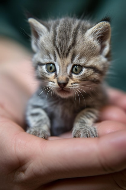 Mały szary pręgowany kotek trzymany jest w dłoni osoby.