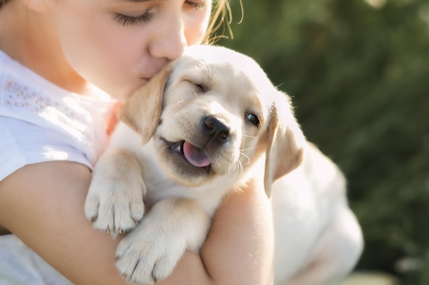 Mały szczeniak labrador z przymrużonym okiem w ramionach dziewczyny, która z miłością całuje szczeniaka, nieostrość