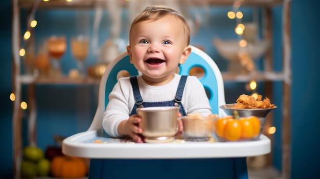 Mały szczęśliwy uśmiech chłopca Dziecko siedzi w sali imprezowej i je posiłek Świętuj urodziny Koncepcja zdrowego jedzenia dla dzieci Ilustracja generatywna AI