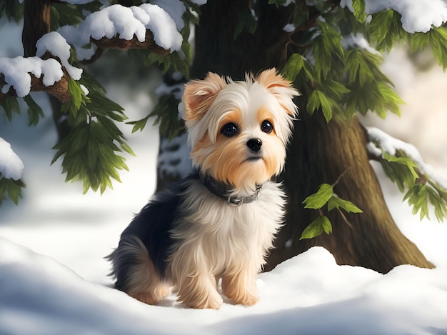 Mały, szorstki pies siedzi w śniegu pod drzewem w zimie.