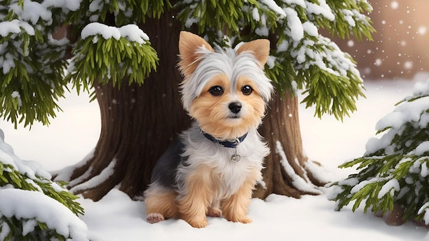 Mały, szorstki pies siedzi w śniegu pod drzewem w zimie.