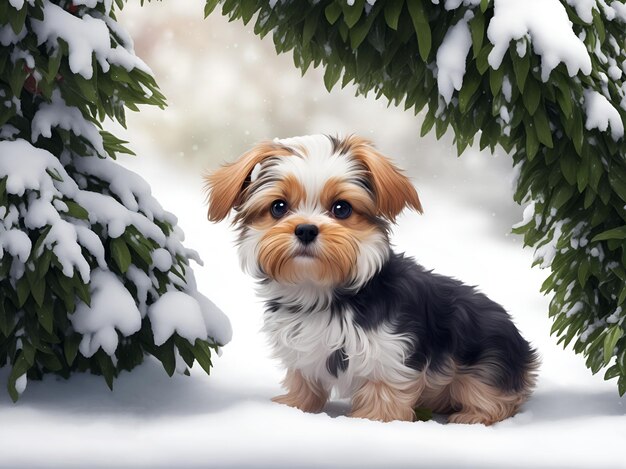 Mały szorstki pies siedzi w śniegu pod drzewem zimą.