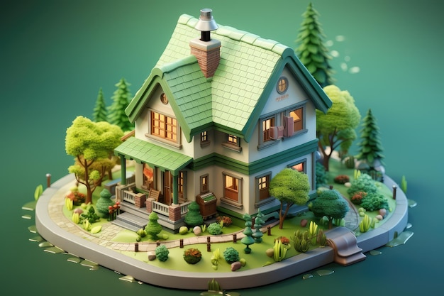 Mały uroczy izometryczny dom profesjonalny rendering reklamowy 3d
