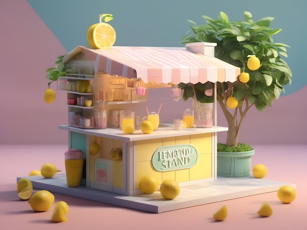 Mały uroczy izometryczny render 3D Lemonade Stand