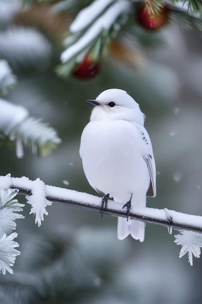 Zdjęcie mały uroczy, puszysty, biały ptak na gałęzi pod śniegiem w świątecznym parku.