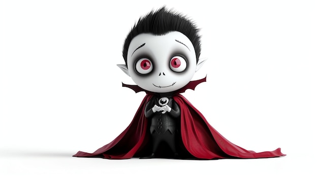 Mały wampir z czarnymi włosami, czerwonymi oczami i czerwoną peleryną ma uroczy wyraz twarzy i patrzy w kamerę.
