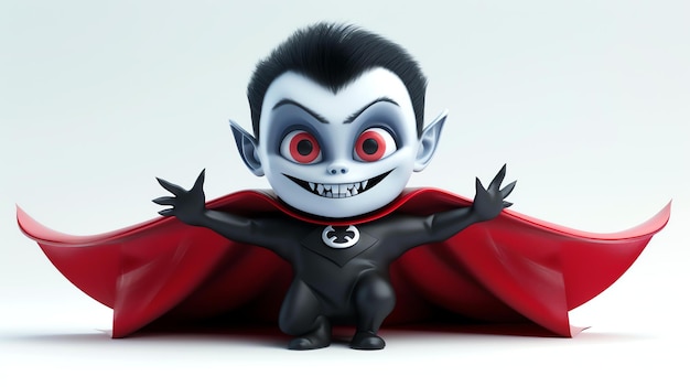 Mały wampir z czerwonymi oczami i czarnymi włosami ma na sobie czarny garnitur z czerwoną peleryną wampir uśmiecha się i ma wyciągnięte ręce