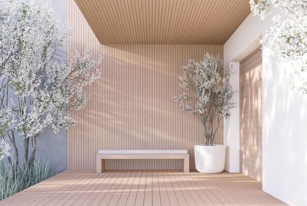 Zdjęcie mały współczesny drewniany ganek 3d przedstawia ilustrację z białymi kwiatowymi roślinami ozdobionymi drewnianą ławką przednimi siedzeniami drzwi wejściowych domu