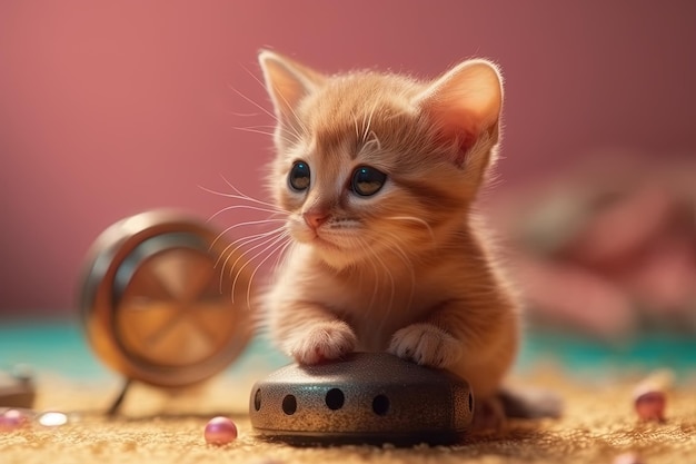 Mały złoty kotek z ciekawością patrzy na zabawkę wygenerowaną przez sztuczną inteligencję