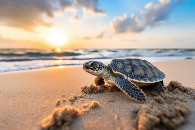 Mały żółw morski na piaszczystej plaży