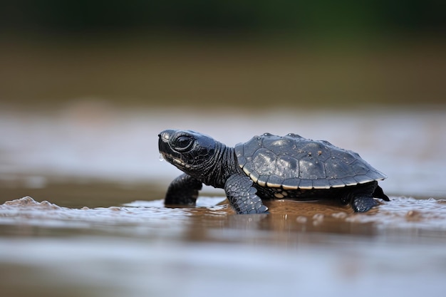 Mały żółwik balansujący na płetwie i kierujący się do oceanu stworzony za pomocą generatywnej sztucznej inteligencji