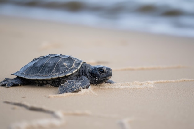 Mały żółwik pędzący przez piaszczystą plażę w drodze do oceanu stworzony za pomocą generatywnej sztucznej inteligencji