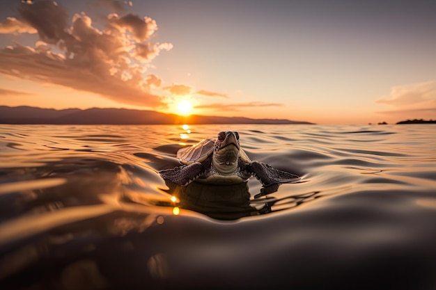 Mały żółwik pływający w oceanie z widokiem na zachód słońca stworzony za pomocą generatywnej sztucznej inteligencji